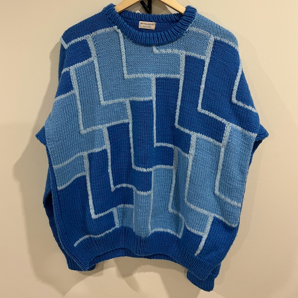 Handknit Vintage Blue Geometric Pattern Sweater Retro Acrylic Knit